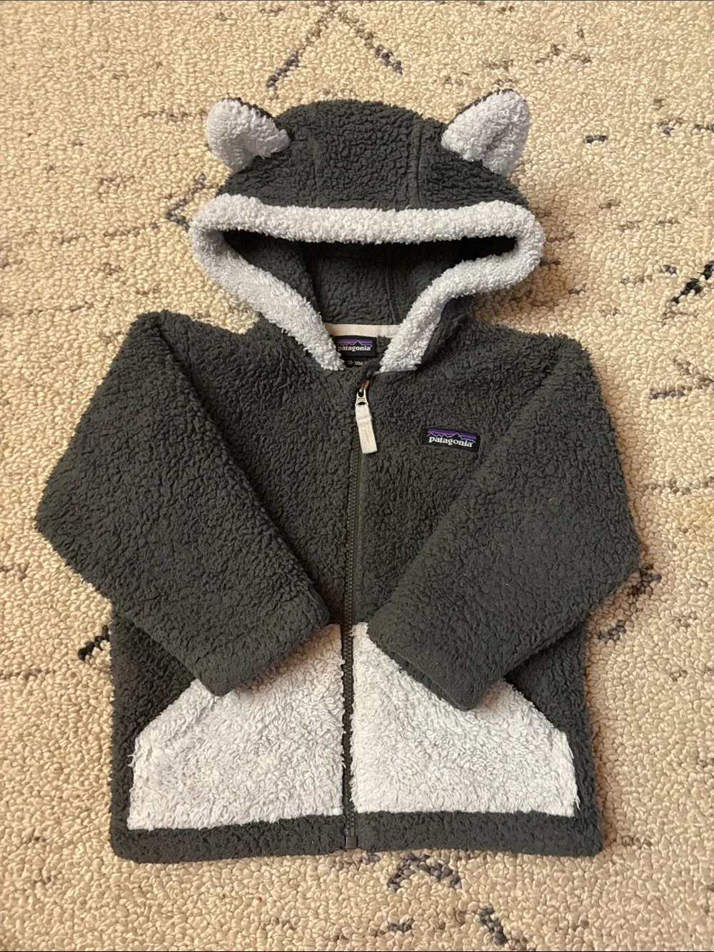 ECU Patagonia Kids Charcoal and Light Gray Sherpa Hoodie with Ears 12-18m